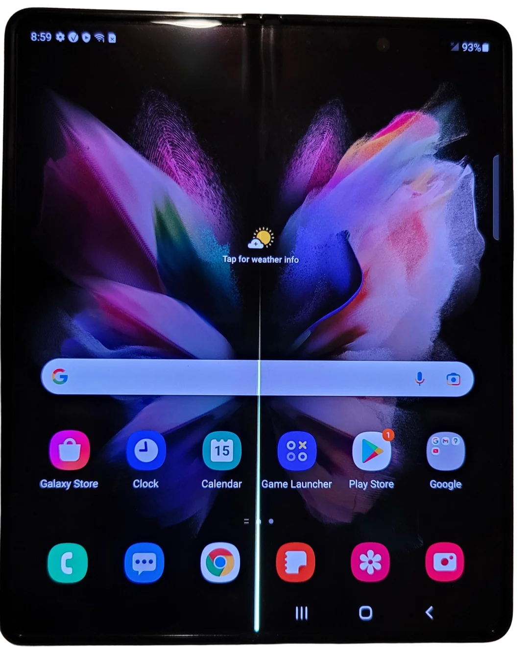 A close-up of a foldable phone with a visible crease down the center of the screen.