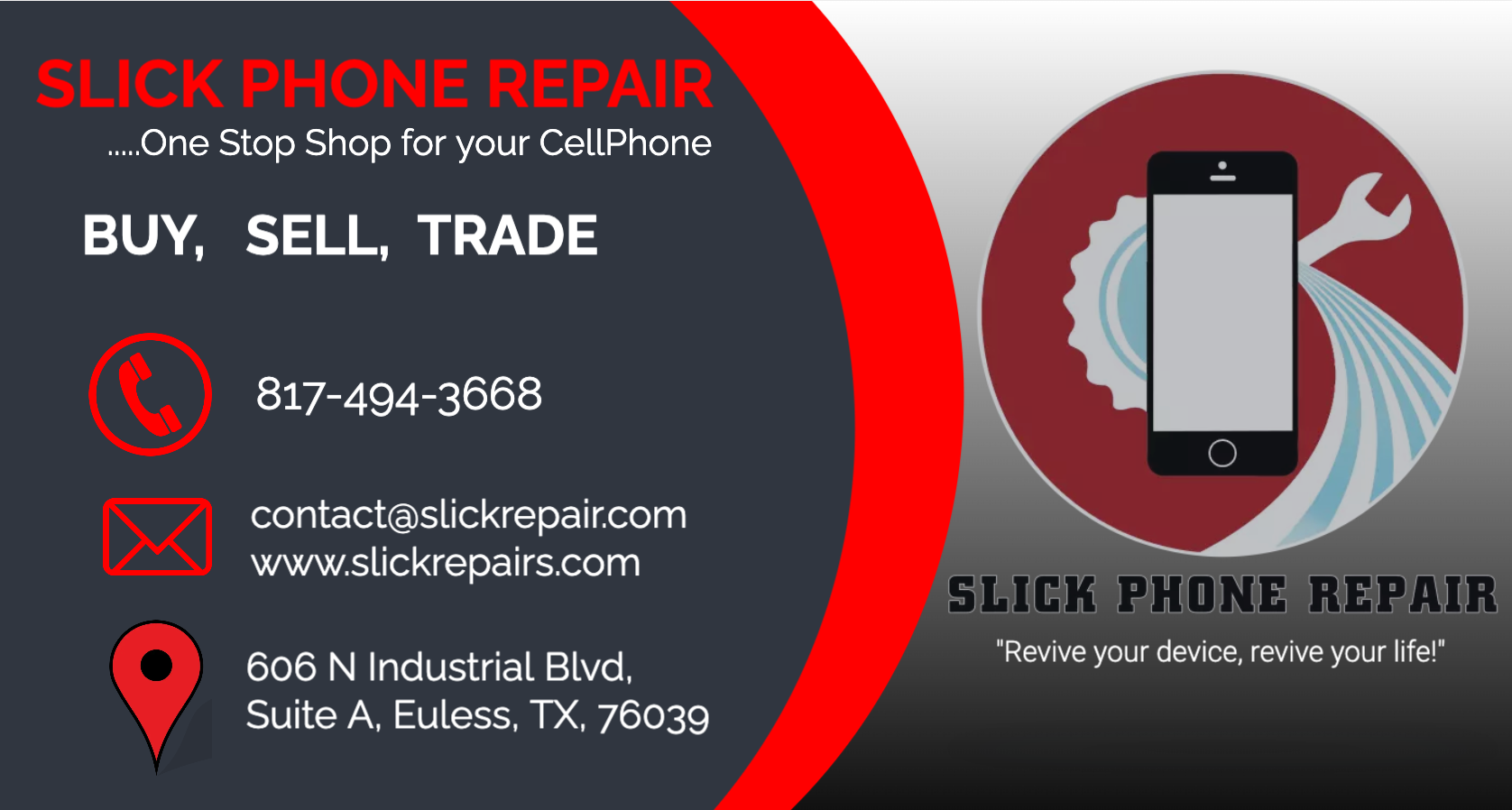 Slick Phone Repair Business Card with 817-494-3668 and Address
